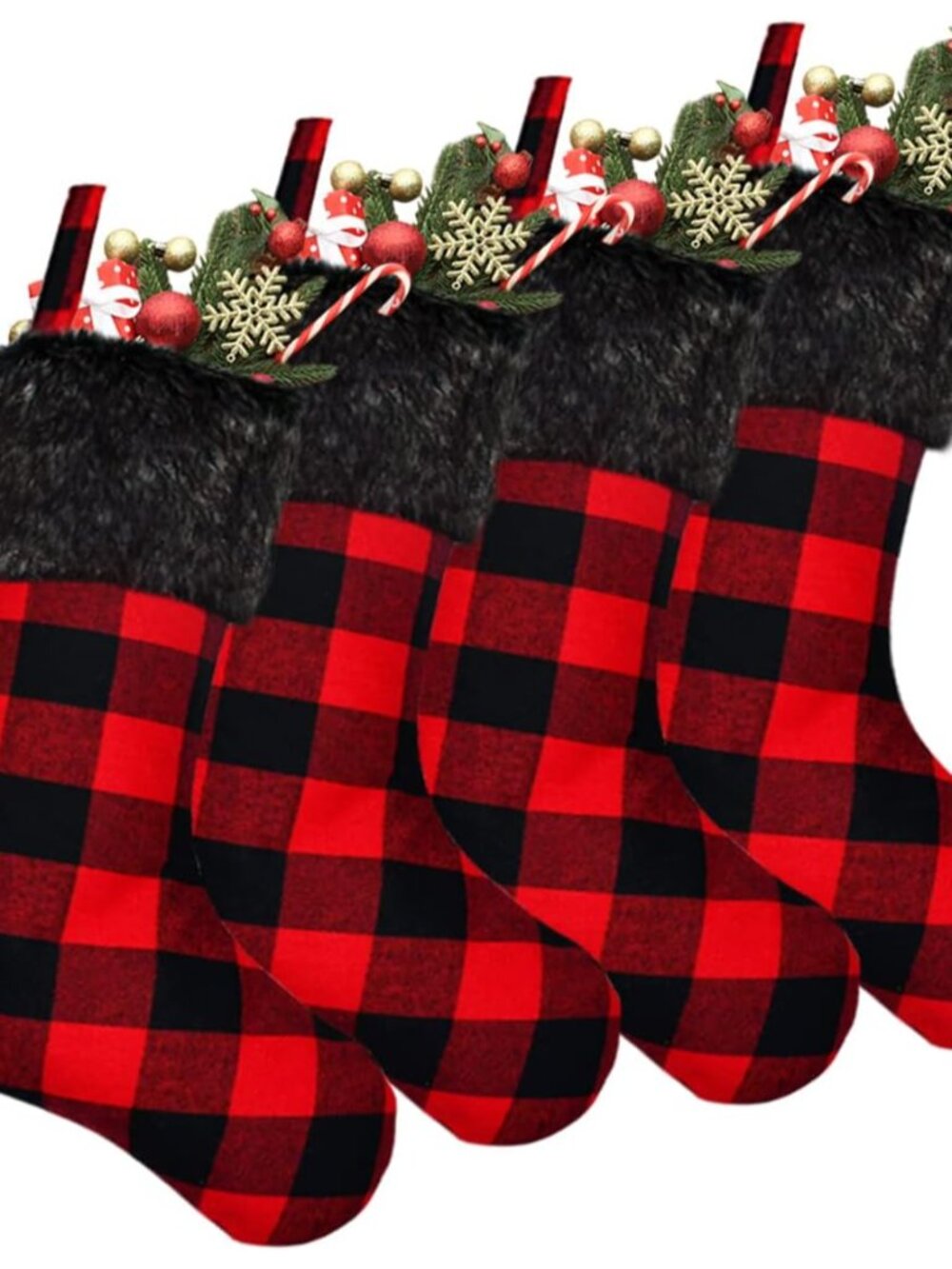 Christmas Stockings- 4 Pack 18" Red Black Buffalo Plaid Stockings with Plush Fau